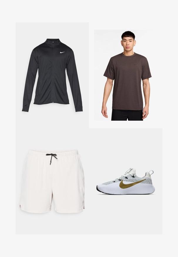 Schwarze Sportjacke mit langen Ärmeln, Kragen und voller Reißverschluss. Verfügt über ein dezentes Nike-Logo in Weiß auf der oberen linken Brust. Glatte Textur.; Dunkelbraunes T-Shirt mit kurzen Ärmeln und rundem Halsausschnitt sowie schwarzem Nike-Logo auf der Brust. Leichter Stoff mit glatter Textur.; Helle beigefarbene Sportshorts aus einem strukturierten Stoff, mit elastischem Taillenbund und schwarzen Zugbändern. Enthält seitliche Schlitztaschen.; Weißes und graues Laufmodell mit strukturiertem Obermaterial, großem goldenen Nike-Swoosh an der Seite, schwarzen Ösen, weißer Sohle und Zuglasche an der Ferse.