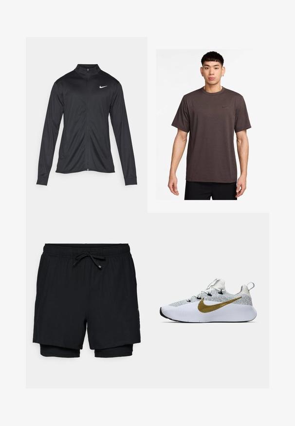 Must värvi sportlik jakk pikkade varrukatega, krae ja täispikk tõmblukk. Ülemises vasakus rinnas on diskreetne valge Nike logo. Sile tekstuur.; Tumepruun lühikeste varrukatega T-särk, millel on ümmargune kaelus ja must Nike logo rinna piirkonnas. Kerge kangas, mis on sileda tekstuuriga.; Mustad sportlikud lühikesed püksid elastse vöökojaga, reguleeritava nööriga ja sisepadjaga. Sile kangas klassikalise disainiga ja ilma mustriteta.; Valge ja hall jooksujalats tekstureeritud ülemise osaga, suur kuldne Nike logo küljele, mustad aukud, valge tallaga ja tõmblukk kanna juures.