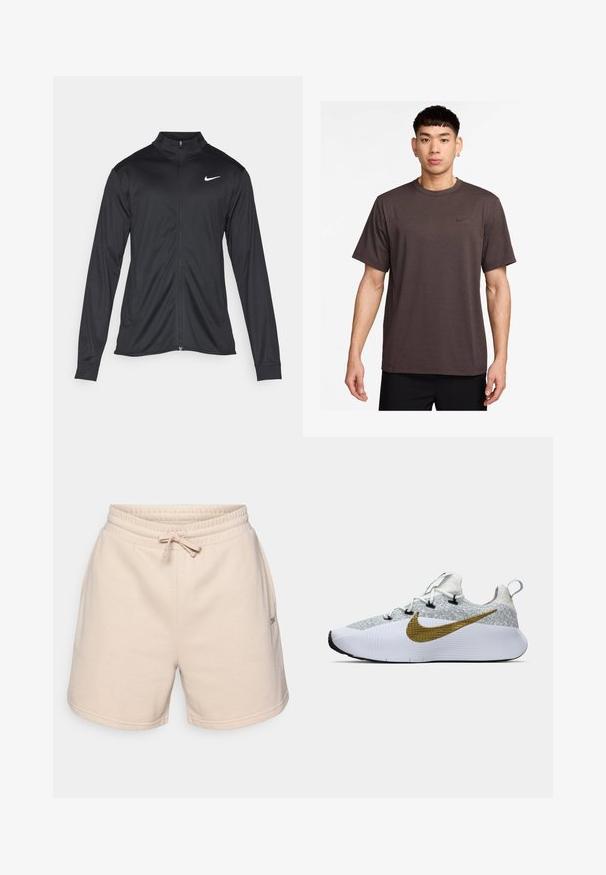 Svart idrettsjakke med lange ermer, krage og full glidelås. Har en subtil Nike-logo i hvitt på øvre venstre bryst. Glatt tekstur.; Mørkebrun kortermet T-skjorte med rund hals og svart Nike-logo på brystet. Lett stoff med en jevn tekstur.; Beige bomullsshorts med elastisk midje, justerbar snor og to sidelommer. Har en liten logo på siden.; Hvit og grå løpesko med teksturert overdel, stor gull Nike swoosh på siden, svarte snørehull, hvit såle, og løfletappe på hælen.