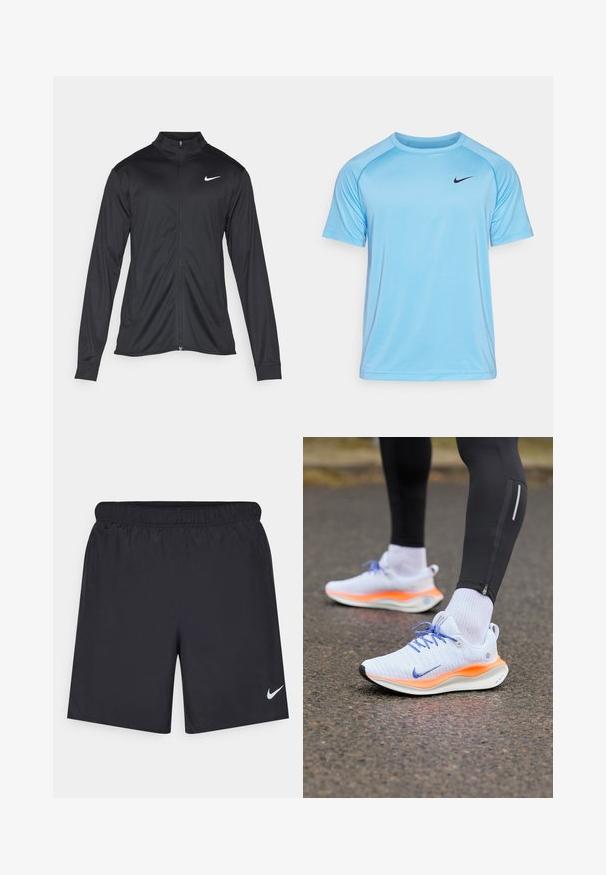 Schwarze Sportjacke mit langen Ärmeln, Kragen und voller Reißverschluss. Verfügt über ein dezentes Nike-Logo in Weiß auf der oberen linken Brust. Glatte Textur.; Hellblaues kurzärmeliges Sporthemd aus atmungsaktivem Material mit rundem Halsausschnitt und schwarzem Nike-Logo auf der Brust.; Schwarze sportliche Shorts aus leichtem Material mit einem elastischen Bund. Auf der unteren linken Seite befindet sich ein kleines weißes Nike-Logo.; Weiße und orangefarbene Laufschuhe mit blauen Schnürsenkeln, getragen mit weißen Socken und schwarzen Leggings auf einer Asphaltoberfläche.