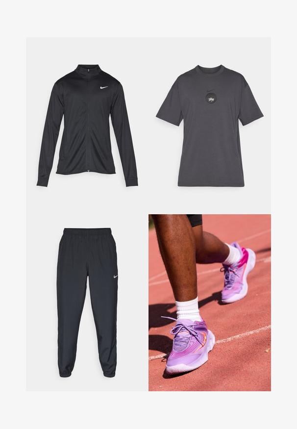Schwarze Sportjacke mit langen Ärmeln, Kragen und voller Reißverschluss. Verfügt über ein dezentes Nike-Logo in Weiß auf der oberen linken Brust. Glatte Textur.; Graues kurzärmliges T-Shirt aus Baumwolle. Mit einem schwarzen runden Logo auf der Brust und einem weißen grafischen Design. Reguläre Passform und Rundhals.; Schwarze Trainingshose aus einem leichten Stoff mit elastischem Bund, Knöchelabschlüssen und einem dezenten Nike-Logo auf der linken Seite.; Nike Performance GIANNIS IMMORTALITY 4 - Basketballschuh - black raspberry/aster pink/hot punch