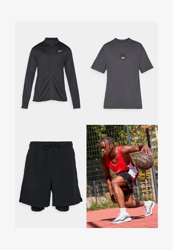 Svart idrottsjacka med långa ärmar, krage och full dragkedja. Har en diskret Nike-logga i vitt på övre vänstra bröstet. Slät yta.; Grå t-shirt med kort ärm i bomull. Har en svart rund logotyp på bröstet med en vit grafisk design. Regular fit och rundad halsringning.; Svarta träningsshorts i lättviktig tyg, med elastisk midja och dragsko, samt tight passande innershorts.; Baskettbollspelare i en röd Nike linne och svarta shorts, dribblar en Spalding basketboll på en röd bana. Bär vita sportskor.