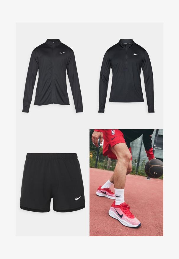 Fekete sportdzseki hosszú ujjal, gallérral és teljes cipzárral. Diszkrét fehér Nike logóval az upper bal mellen. Sima textúra.; Fekete, hosszú ujjú sportpóló, félig cipzáros gallérral, sima anyagból készült, bal mellen fehér Nike logóval.; Fekete sportnadrág, könnyű anyagból készült. Rugalmas derékkal és perforált részletekkel rendelkezik. Oldalán fehér Nike logo található.; Piros, könnyű kosárlabdacipők hálós dizájnnal és kontrasztos tengerészkék akcentussal, fehér zoknival, amelyen fekete logó található.