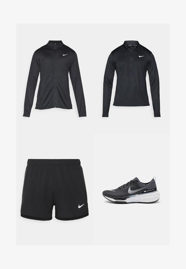 Svart idrettsjakke med lange ermer, krage og full glidelås. Har en subtil Nike-logo i hvitt på øvre venstre bryst. Glatt tekstur.; Svart langermet treningsskjorte med halv glidelås i kragen, laget av glatt stoff, med en hvit Nike-logo på venstre bryst.; Svart treningsshorts laget av lett materiale. Har en elastisk midjebånd og perforerte detaljer. Inkluderer en hvit Nike-logo på siden.; Nike Invincible Run 3 har en svart strikket overdel, hvit logo, spraglete hvit såle, og en polstret form designet for komfort.