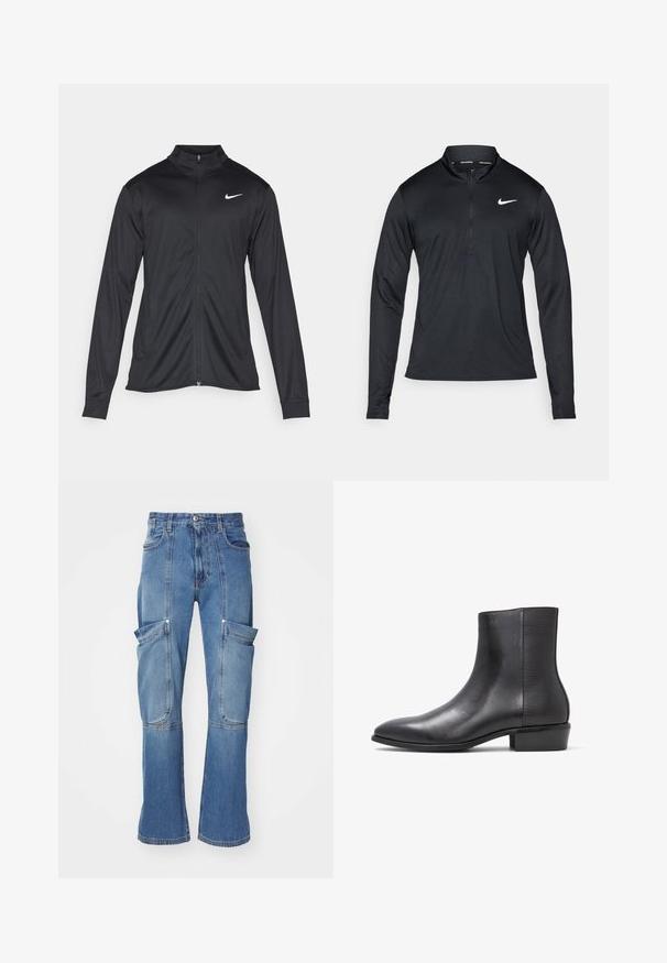 Čierna športová bunda s dlhými rukávmi, golierom a plným zipsom. Obsahuje nenápadné logo Nike v bielej farbe na hornej ľavej hrudi. Hladká textúra.; Čierne športové tričko s dlhým rukávom a polozipsom, vyrobené z hladkej tkaniny, s bielym logom Nike na ľavej hrudi.; Denimové cargo nohavice vo svetlom modrom odtieni s vysokým pásom, množstvom bočných vreciek a rozšírenými nohavicami, s kontrastným prešívaním a zipsovým uzatváraním.; ALDO PILLOWWALK+FLEX INSIDE ZIP AMUR - Klasické členkové čižmy - open black