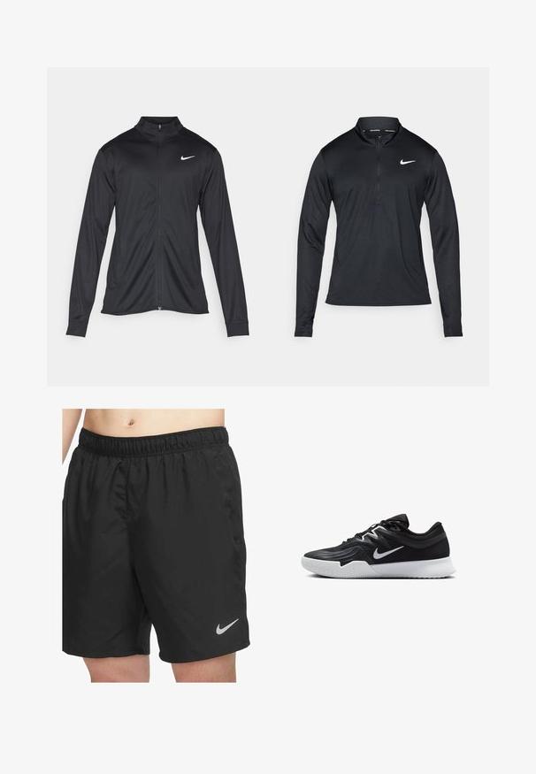 Crna sportska jakna s dugim rukavima, ovratnikom i punim patentnim zatvaračem. Ima suptilan Nike logo u bijeloj boji na gornjem lijevom dijelu prsne oznake. Glatka tekstura.; Crna duga rukava sportska majica s polu-zatvaračem, napravljena od glatkog materijala, s bijelim Nike logom na lijevoj strani prsa.; Crne atletske kratke hlače napravljene od laganog materijala, sa elastičnim pojasom i malim sivo-niketovim logotipom u donjem desnom kutu.; Crna sportska cipela s teksturiranim gornjim dijelom, bijelim Nike swooshom i bijelim gumennim potplatom. Ima dizajn s vezanjem i dinamičan oblik.