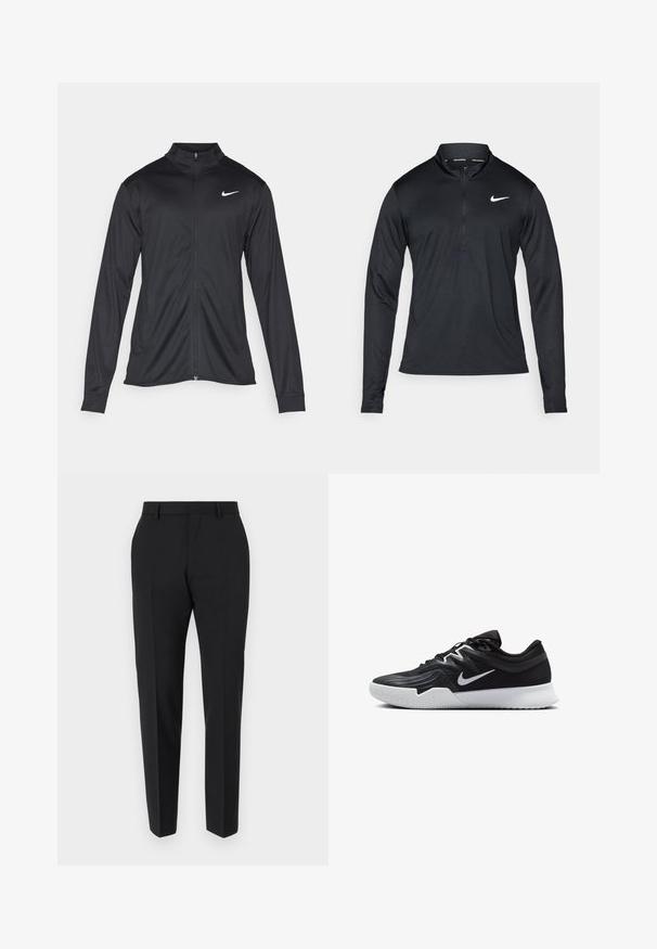 Jacket desportivo preto com mangas longas, colarinho e fecho zip completo. Apresenta um discreto logotipo da Nike em branco na parte superior do lado esquerdo do peito. Textura suave.; Camisa atlética preta de mangas longas com colarinho de meio zíper, feita de tecido suave, apresentando um logo branco da Nike do lado esquerdo do peito.; Calças pretas com um design ajustado, com frente lisa, detalhes de vinco e um caimento elegante. Feitas de um tecido suave para um visual requintado.; Sapatilha atlética preta com um cabedal texturizado, swoosh branco da Nike e uma sola de borracha branca. Apresenta um design com atacadores e uma forma dinâmica.