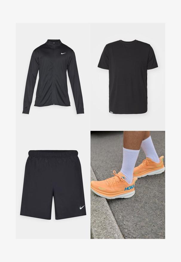 Fekete sportdzseki hosszú ujjal, gallérral és teljes cipzárral. Diszkrét fehér Nike logóval az upper bal mellen. Sima textúra.; Fekete, rövid ujjú póló sima pamut anyagból, környakú kivágással és egy kis címkével a bal alsó varrásnál.; Fekete sportnadrág könnyű anyagból, rugalmas derékkal. A bal alsó oldalon egy kis fehér Nike-logó található.; HOKA CLIFTON 9 - Utcai futócipők - solar flare/lettuce