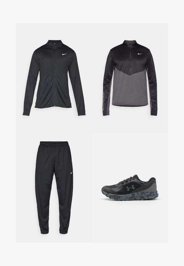 Jacket desportivo preto com mangas longas, colarinho e fecho zip completo. Apresenta um discreto logotipo da Nike em branco na parte superior do lado esquerdo do peito. Textura suave.; Pullover de manga longa Nike em preto e cinza com zíper de um quarto, apresentando um corpo texturizado, mangas suaves e um logotipo no peito.; Calças de atletismo pretas com um cós elástico, pernas afuniladas e um pequeno logo branco da Nike na coxa esquerda. Tecido liso, sem padrões.; Shoe atlético preto com um superior texturizado, sola cinza com padrão de camuflagem e atacadores planos. Apresenta o logótipo da Under Armour de lado.