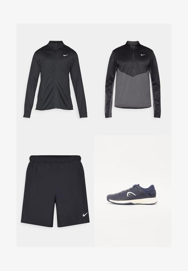 Černá sportovní bunda s dlouhými rukávy, límcem a plným zipem. Má decentní bílou logo značky Nike na horní levé části hrudi. Hladká textura.; Černý a šedý dlouhý rukáv s čtvrtinovým zipem značky Nike, s texturovaným tělem, hladkými rukávy a logem na hrudi.; Černé sportovní šortky vyrobené z lehkého materiálu s elastickým pasem. Na spodní levé straně mají malé bílé logo Nike.; Námořnické sportovní boty s texturovaným designem a bílým logem. Mají polstrovanou podrážku a tmavě modré akcenty na svršku a patě.