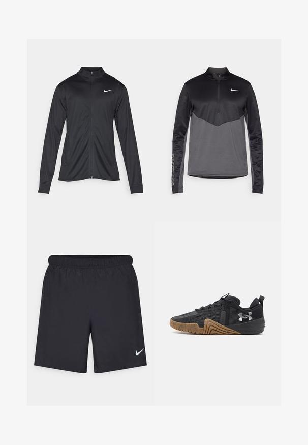 Crna sportska jakna s dugim rukavima, ovratnikom i punim patentnim zatvaračem. Ima suptilan Nike logo u bijeloj boji na gornjem lijevom dijelu prsne oznake. Glatka tekstura.; Crni i sivi Nike dugoredni pulover s četvrtastim zipom, s teksturiranim tijelom, glatkim rukavima i logotipom na prsima.; Crne atletske kratke hlače od laganog materijala s elastičnom tačkom. Imaju mali bijeli Nike logo na donjoj lijevoj strani.; Crne atletske cipele s mrežastim gornjim dijelom, teksturiranim gumenenim potplatom i akcentima od webbing materijala. Sadrže istaknuti logo sa strane i zaobljen dizajn prsta.