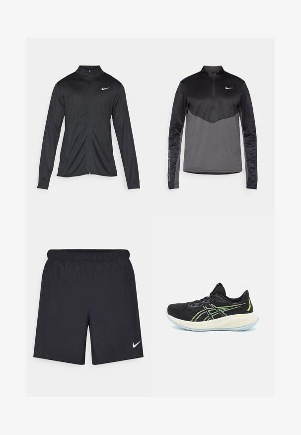 Veste de sport noire à manches longues, avec col et fermeture éclair intégrale. Présente un logo Nike subtil en blanc sur le côté supérieur gauche de la poitrine. Texture lisse.; Pull-over à manches longues Nike noir et gris avec fermeture éclair quart, présentant un corps texturé, des manches lisses et un logo sur la poitrine.; Shorts de sport noirs en matériau léger avec une taille élastique. Présente un petit logo Nike blanc sur le bas du côté gauche.; Baskets de sport noires avec une tige en mesh respirant, des accents vert fluo, une semelle intermédiaire blanche rembourrée et une semelle extérieure en caoutchouc bleu translucide.