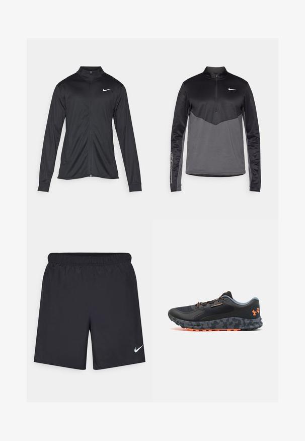 Must värvi sportlik jakk pikkade varrukatega, krae ja täispikk tõmblukk. Ülemises vasakus rinnas on diskreetne valge Nike logo. Sile tekstuur.; Must ja hall Nike pikka varrukaga neljanda lukuga pullover, millel on tekstureeritud keha, siledad varrukad ja logo rinnal.; Mustad mustikud lühikesed püksid, mis on valmistatud kergest materjalist ja millel on elastne vöökoht. Alumisel vasakul küljel on väike valge Nike logo.; Mustat spordijalatsid tekstuuriga ülemise osa, hallid aktsendid, oranž detail, kamoflaaž mustriga tald ja lukk, mis tagab kindla sobivuse.