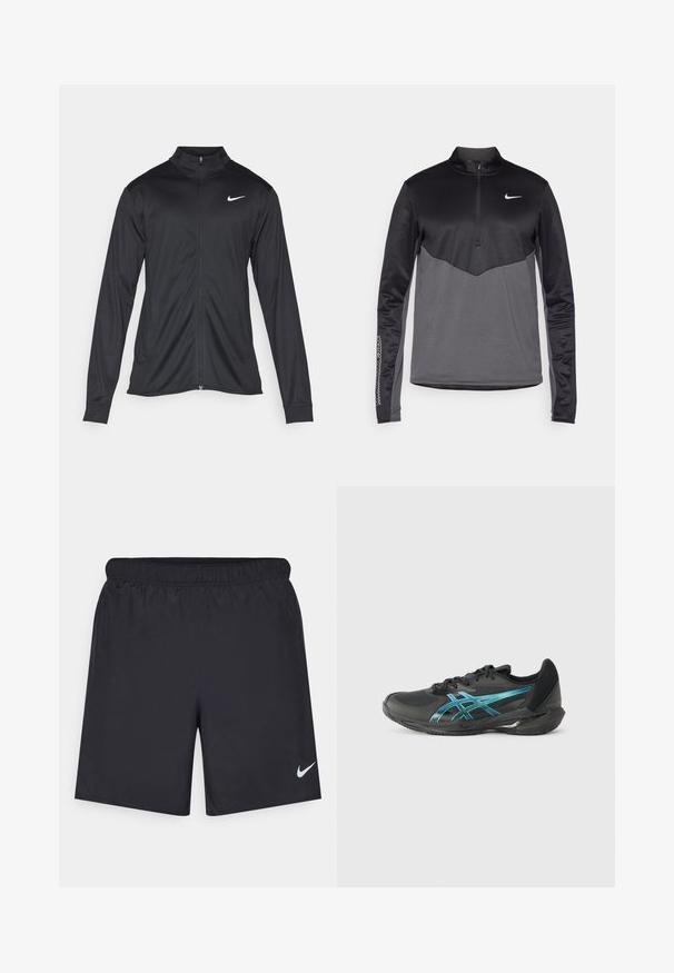 Must värvi sportlik jakk pikkade varrukatega, krae ja täispikk tõmblukk. Ülemises vasakus rinnas on diskreetne valge Nike logo. Sile tekstuur.; Must ja hall Nike pikka varrukaga neljanda lukuga pullover, millel on tekstureeritud keha, siledad varrukad ja logo rinnal.; Mustad mustikud lühikesed püksid, mis on valmistatud kergest materjalist ja millel on elastne vöökoht. Alumisel vasakul küljel on väike valge Nike logo.; ASICS SOLUTION SPEED FF 3 - Erineva kattega väljaku tennisejalatsid - black/prism blue
