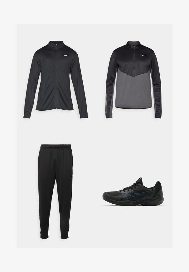 Svart idrottsjacka med långa ärmar, krage och full dragkedja. Har en diskret Nike-logga i vitt på övre vänstra bröstet. Slät yta.; Svart och grå Nike långärmad quarter-zip tröja, med en texturerad kropp, släta ärmar och en logotyp på bröstet.; Svarta träningsbyxor i slät tyg, med elastisk midja, avsmalnande ben och en liten vit logotyp på vänster sida.; ASICS SOLUTION SPEED FF 3 CLAY - Tennisskor för grus - black/prism blue
