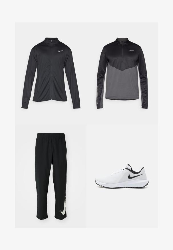 Jacket desportivo preto com mangas longas, colarinho e fecho zip completo. Apresenta um discreto logotipo da Nike em branco na parte superior do lado esquerdo do peito. Textura suave.; Pullover de manga longa Nike em preto e cinza com zíper de um quarto, apresentando um corpo texturizado, mangas suaves e um logotipo no peito.; Calças atléticas pretas com cintura elástica, design afunilado, apresentando um grande logótipo branco da Nike na perna esquerda. Tecido macio e leve.; Sapatilhas desportivas brancas com um upper texturizado, detalhes pretos, fecho com atacadores e uma sola de borracha durável com pequenos pinos de tração.