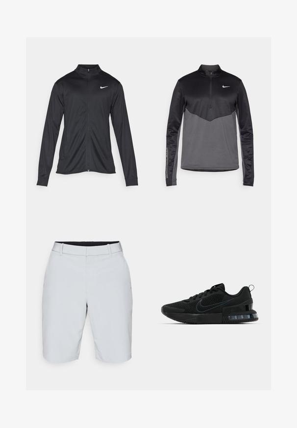 Melna sporta jaka ar garām piedurknēm, apkakli un pilnu rāvējslēdzēju. Uz kreisā krūts augšdaļas ir maigs Nike logo baltā krāsā. Gluda tekstūra.; Melnā un pelēkā Nike ilga piedurkne ar ceturtdaļas rāvējslēdzēju, ar teksturētu ķermeni, gludām piedurknēm un logotipu uz krūtīm.; Gaiši pelēki šorti, kas izgatavoti no viegla auduma; tiem ir plakans priekšpuse, divas sānu kabatas un gluda josta komfortam.; Melni Nike sporta apavi ar tīkliņa virsmu, teksturētu zolīšu un redzamu gaisa spilvenu papēdī. Akcenti un logotips tumšākā melnā krāsā.