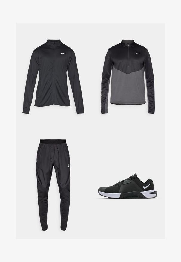 Fekete sportdzseki hosszú ujjal, gallérral és teljes cipzárral. Diszkrét fehér Nike logóval az upper bal mellen. Sima textúra.; Fekete és szürke Nike hosszú ujjú negyed zipes pulóver, textúrált testtel, sima ujjakkal és logóval a mellrészen.; Fekete sportnadrág rugalmas derékkal, oldalsó zsebekkel és ellentétes textúrájú panelek a lábakon. Asics logó a csípőn.; Nike Performance METCON 10 - Edzőcipő - black/white/anthracite