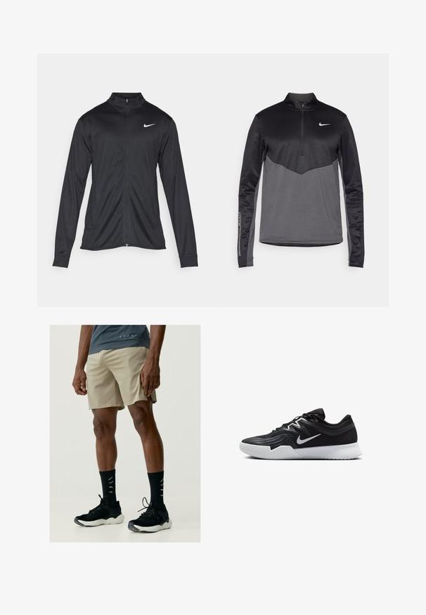 Jachetă sportivă neagră cu mâneci lungi, guler și fermoar complet. Prezintă un logo Nike subtil, alb, pe pieptul din stânga sus. Textură netedă.; Pulover cu mânecă lungă și fermoar pe un sfert Nike, negru și gri, având un corp texturat, mâneci netede și un logo pe piept.; Born Living Yoga Pantaloni scurți sport - beige; Pantof sport negru cu un superior texturat, swoosh alb Nike și o tălpică din cauciuc alb. Dispune de un design cu șireturi și o formă dinamică.