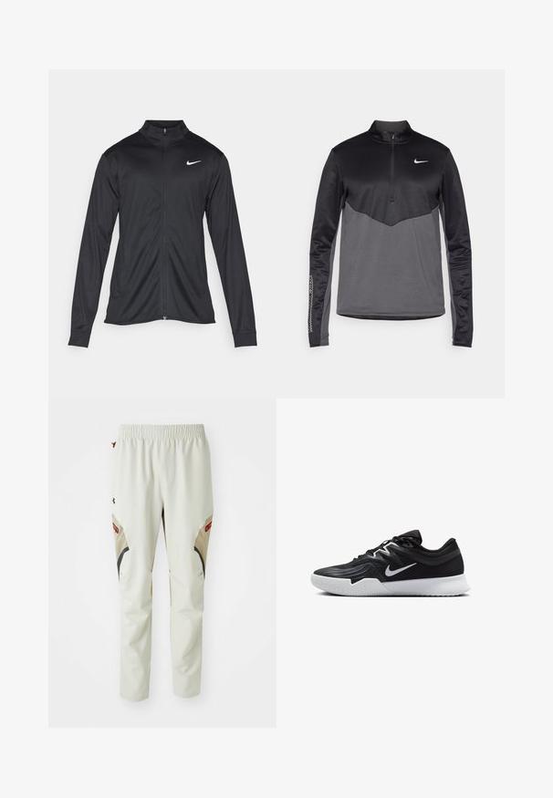 Jacket desportivo preto com mangas longas, colarinho e fecho zip completo. Apresenta um discreto logotipo da Nike em branco na parte superior do lado esquerdo do peito. Textura suave.; Pullover de manga longa Nike em preto e cinza com zíper de um quarto, apresentando um corpo texturizado, mangas suaves e um logotipo no peito.; Calças claros bejes com uma cintura elástica, apresentando detalhes em preto e castanho e dois grandes bolsos laterais, feitas de um material suave e durável.; Sapatilha atlética preta com um cabedal texturizado, swoosh branco da Nike e uma sola de borracha branca. Apresenta um design com atacadores e uma forma dinâmica.