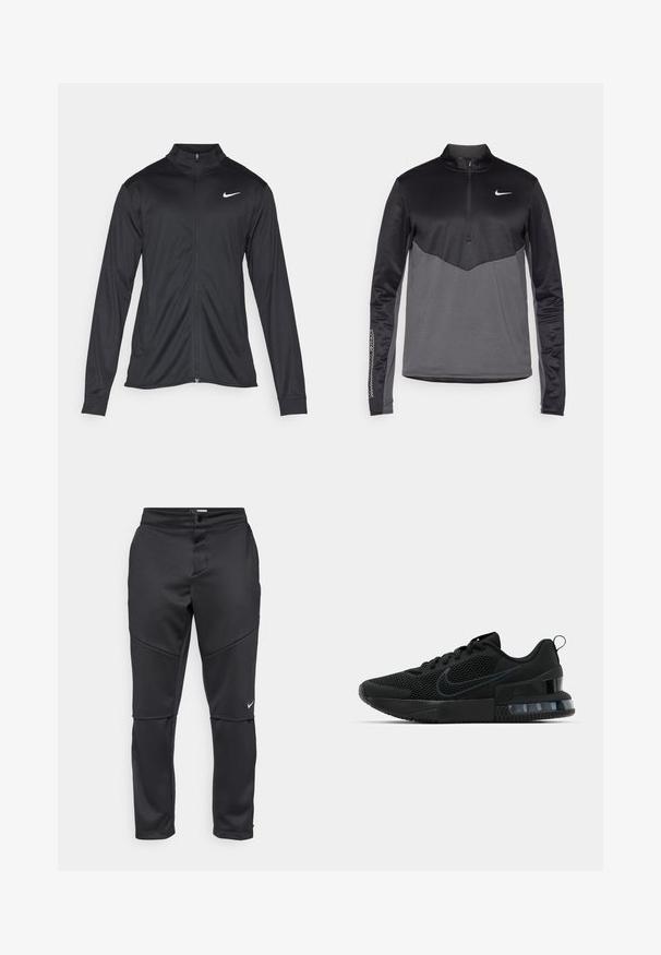 Black athletic jacket with long sleeves, collar, and full zipper. Features a subtle Nike logo in white on the upper left chest. Smooth texture.; Black and gray Nike long-sleeve quarter-zip pullover, featuring a textured body, smooth sleeves, and a logo on the chest.; Black athletic pants with a smooth texture, featuring panel designs and a small white Nike logo on the left leg.; Black Nike athletic shoe featuring a mesh upper, rubber sole, padded collar, and a distinct transparent heel accent.
