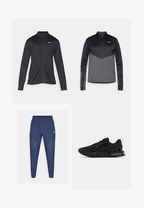 Svart idrettsjakke med lange ermer, krage og full glidelås. Har en subtil Nike-logo i hvitt på øvre venstre bryst. Glatt tekstur.; Svart og grå Nike langermet quarter-zip genser, med en teksturert kropp, glatte ermer og en logo på brystet.; Marine treningsbukser med elastisk midje, smale ben, glidelåser på siden og grønne detaljer på lommer og logo. Lett, glatt stoff.; Svart Nike treningssko med mesh-overdel, gummisåle, polstret krage og en distinkt gjennomsiktig hældetalj.