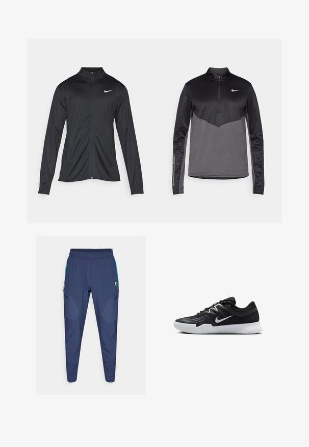 Zwarte sportjack met lange mouwen, kraag en volle rits. Voorzien van een subtiele Nike-logo in het wit op de bovenste linkerborst. Soepele textuur.; Zwart en grijs Nike lange mouwen half-zip pullover, met een gestructureerd lichaam, soepele mouwen en een logo op de borst.; Marineblauwe sportbroeken met een elastische tailleband, taps toelopende pijpen, zijritsen en groene accenten op de zakken en het logo. Lichtgewicht, gladde stof.; Zwarte sportieve schoen met een gestructureerde bovenkant, witte Nike swoosh en een witte rubberen zool. Beschikt over een veterontwerp en een dynamische vorm.