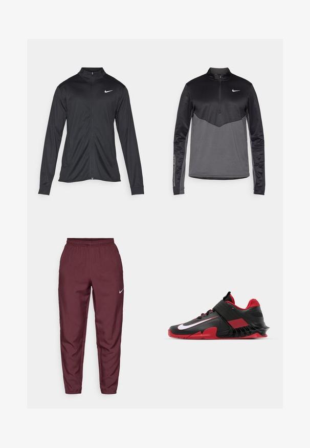 Juodas sportinis švarkas su ilgomis rankovėmis, apykakle ir pilnu užtrauktuku. Yra subtilus baltas Nike logotipas kairėje krūtinės pusėje. Lygus tekstūra.; Juodos ir pilkos Nike ilgomis rankovėmis ketvirčio užtrauktuku užtrauktukas, turintis tekstūruotą kūną, lygius rankovės ir logotipą ant krūtinės.; Bordo spalvos Nike treniruočių kelnės su elastingu juosmeniu, siaurėjančiomis kojomis ir sidabriniu logotipu. Pagamintos iš lengvos medžiagos, su lygiu paviršiumi ir be raštų.; Juodos ir raudonos sportinės kedai su elegantišku dizainu, tekstūruotu tinklo viršumi, tvirtu guminiais padu ir ryškiu baltu logotipo akcentu.