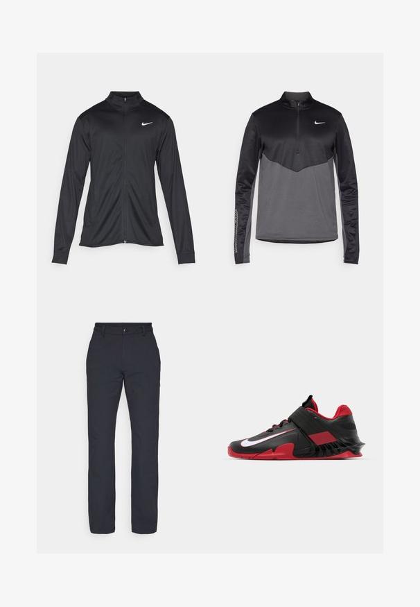 Crna sportska jakna s dugim rukavima, ovratnikom i punim patentnim zatvaračem. Ima suptilan Nike logo u bijeloj boji na gornjem lijevom dijelu prsne oznake. Glatka tekstura.; Crni i sivi Nike dugoredni pulover s četvrtastim zipom, s teksturiranim tijelom, glatkim rukavima i logotipom na prsima.; Crne hlače ravnog kroja izrađene od glatkog materijala, s pojasom sa zatvaranjem na dugme i bez vidljivih uzoraka ili dodataka.; Crne i crvene atletske tenisice s modernim dizajnom, teksturiranim mrežastim gornjištem, čvrstim gumeni potplat i istaknutim bijelim logotipom.