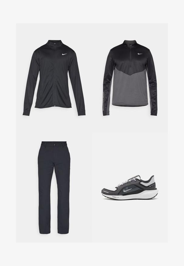 Crna sportska jakna s dugim rukavima, ovratnikom i punim patentnim zatvaračem. Ima suptilan Nike logo u bijeloj boji na gornjem lijevom dijelu prsne oznake. Glatka tekstura.; Crni i sivi Nike dugoredni pulover s četvrtastim zipom, s teksturiranim tijelom, glatkim rukavima i logotipom na prsima.; Crne hlače ravnog kroja izrađene od glatkog materijala, s pojasom sa zatvaranjem na dugme i bez vidljivih uzoraka ili dodataka.; Crne i sive atletske cipele s mrežastim gornjim dijelom, reflektirajućim detaljima i bijelim među-djelom. Imaju strukturiranu gumenu potplate i vezice.