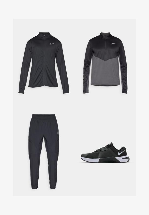 Zwarte sportjack met lange mouwen, kraag en volle rits. Voorzien van een subtiele Nike-logo in het wit op de bovenste linkerborst. Soepele textuur.; Zwart en grijs Nike lange mouwen half-zip pullover, met een gestructureerd lichaam, soepele mouwen en een logo op de borst.; Zwarte sportbroek gemaakt van lichtgewicht stof. Kenmerkt zich door een elastische tailleband, taps toelopende benen en ritszakken aan de zijkant.; Nike Performance METCON 10 - Trainingsschoen - black/white/anthracite