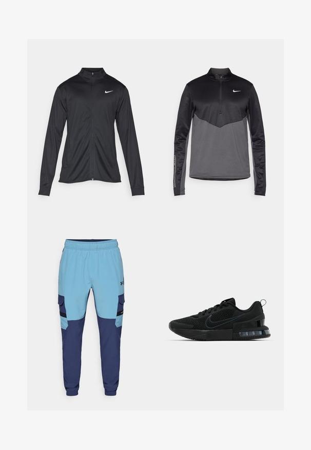 Svart idrettsjakke med lange ermer, krage og full glidelås. Har en subtil Nike-logo i hvitt på øvre venstre bryst. Glatt tekstur.; Svart og grå Nike langermet quarter-zip genser, med en teksturert kropp, glatte ermer og en logo på brystet.; Blå og marineblå joggebukser med elastisk midjebånd, sidelommer og cargo-lignende detaljer. Laget av myk, pustende stoff.; Svart Nike treningssko med mesh-overdel, gummisåle, polstret krage og en distinkt gjennomsiktig hældetalj.