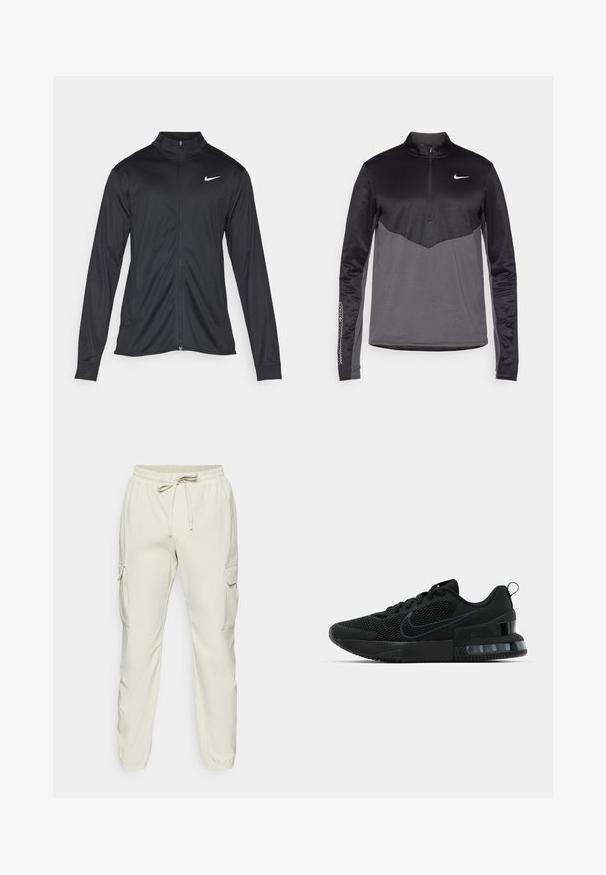 Svart idrettsjakke med lange ermer, krage og full glidelås. Har en subtil Nike-logo i hvitt på øvre venstre bryst. Glatt tekstur.; Svart og grå Nike langermet quarter-zip genser, med en teksturert kropp, glatte ermer og en logo på brystet.; Beige cargo bukser med elastisk liv, snøre detaljer og to sidelommer. Glat stof med en tapered ben design.; Svart Nike treningssko med mesh-overdel, gummisåle, polstret krage og en distinkt gjennomsiktig hældetalj.