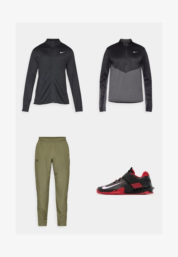 Fekete sportdzseki hosszú ujjal, gallérral és teljes cipzárral. Diszkrét fehér Nike logóval az upper bal mellen. Sima textúra.; Fekete és szürke Nike hosszú ujjú negyed zipes pulóver, textúrált testtel, sima ujjakkal és logóval a mellrészen.; Olívazöld sportnadrág, rugalmas derékrésszel, szűkített lábakkal, sima textúrával és egy kis fekete logóval a bal oldalon.; Fekete és piros sportcipők, amelyek karcsú dizájnnal, texturált hálós felső résszel, strapabíró gumitalppal és feltűnő fehér logóval rendelkeznek.