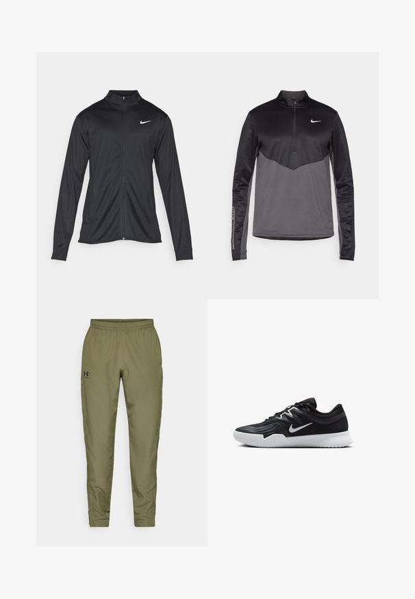 Fekete sportdzseki hosszú ujjal, gallérral és teljes cipzárral. Diszkrét fehér Nike logóval az upper bal mellen. Sima textúra.; Fekete és szürke Nike hosszú ujjú negyed zipes pulóver, textúrált testtel, sima ujjakkal és logóval a mellrészen.; Olívazöld sportnadrág, rugalmas derékrésszel, szűkített lábakkal, sima textúrával és egy kis fekete logóval a bal oldalon.; Fekete sportcipő texturált felsőrésszel, fehér Nike logóval és fehér gumitalppal. Fűzős kialakítással és dinamikus formával rendelkezik.