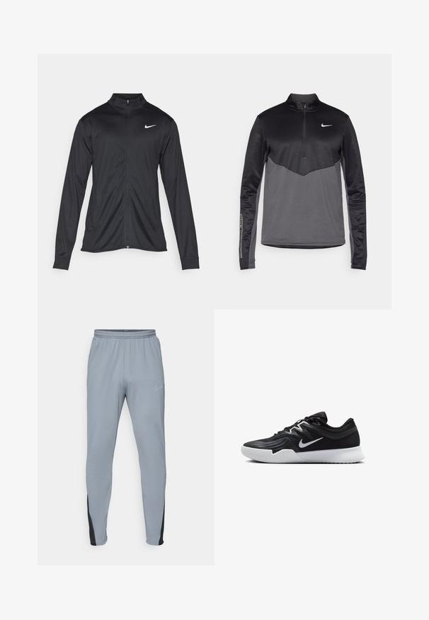 Fekete sportdzseki hosszú ujjal, gallérral és teljes cipzárral. Diszkrét fehér Nike logóval az upper bal mellen. Sima textúra.; Fekete és szürke Nike hosszú ujjú negyed zipes pulóver, textúrált testtel, sima ujjakkal és logóval a mellrészen.; Szürke sportnadrág rugalmas derékkal, keskenyedő lábakkal és fekete kiegészítőkkel. A bal oldalon található egy kis, világosszürke logó.; Fekete sportcipő texturált felsőrésszel, fehér Nike logóval és fehér gumitalppal. Fűzős kialakítással és dinamikus formával rendelkezik.