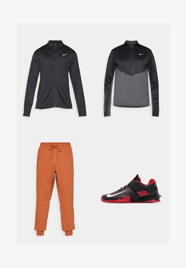 Black athletic jacket with long sleeves, collar, and full zipper. Features a subtle Nike logo in white on the upper left chest. Smooth texture.; Black and gray Nike long-sleeve quarter-zip pullover, featuring a textured body, smooth sleeves, and a logo on the chest.; Orange sweatpants with an elastic waistband and adjustable drawstring. Cuffs at the ankles. Made from soft fabric with a smooth texture.; Black and red athletic sneakers featuring a sleek design, textured mesh upper, sturdy rubber sole, and prominent white logo accent.
