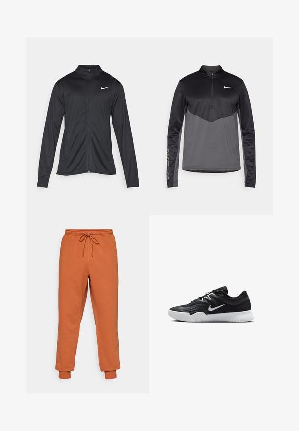 Jacket desportivo preto com mangas longas, colarinho e fecho zip completo. Apresenta um discreto logotipo da Nike em branco na parte superior do lado esquerdo do peito. Textura suave.; Pullover de manga longa Nike em preto e cinza com zíper de um quarto, apresentando um corpo texturizado, mangas suaves e um logotipo no peito.; Calças de treino laranja com cintura elástica e cordão ajustável. Punhos nos tornozelos. Feitas de um tecido macio com uma textura suave.; Sapatilha atlética preta com um cabedal texturizado, swoosh branco da Nike e uma sola de borracha branca. Apresenta um design com atacadores e uma forma dinâmica.