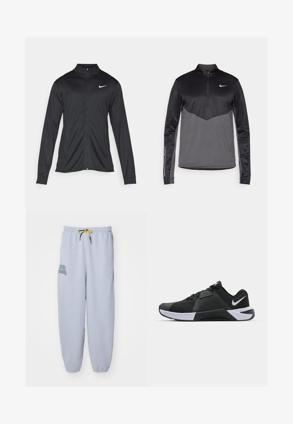 Jacket desportivo preto com mangas longas, colarinho e fecho zip completo. Apresenta um discreto logotipo da Nike em branco na parte superior do lado esquerdo do peito. Textura suave.; Pullover de manga longa Nike em preto e cinza com zíper de um quarto, apresentando um corpo texturizado, mangas suaves e um logotipo no peito.; Fatos de treino cinza claro feitos de mistura de algodão. Apresenta uma cintura elástica com cordão amarelo, bolsos laterais e o logótipo "Under Armour" em verde.; Nike Performance METCON 10 - Sapatilha de treino - black/white/anthracite