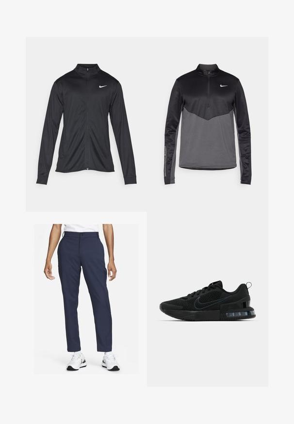 Fekete sportdzseki hosszú ujjal, gallérral és teljes cipzárral. Diszkrét fehér Nike logóval az upper bal mellen. Sima textúra.; Fekete és szürke Nike hosszú ujjú negyed zipes pulóver, textúrált testtel, sima ujjakkal és logóval a mellrészen.; Sima anyagból készült sötétkék nadrág, egyenes lábformával, elülső zsebbel és övhurkokkal, fehér sportcipővel párosítva.; Fekete Nike sportcipő, hálós felsőrésszel, texturált talppal és a saroknál látható levegőpárnával. A részletek és a logó sötétebb fekete árnyalatban.
