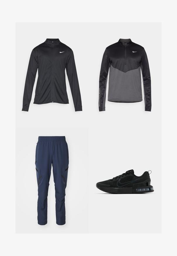 Fekete sportdzseki hosszú ujjal, gallérral és teljes cipzárral. Diszkrét fehér Nike logóval az upper bal mellen. Sima textúra.; Fekete és szürke Nike hosszú ujjú negyed zipes pulóver, textúrált testtel, sima ujjakkal és logóval a mellrészen.; Sötétkék sportnadrág rugalmas derékkal, cipzáras oldalzsebekkel és fekete részletekkel az alsó lábakon. Simább, könnyű anyag.; Fekete Nike sportcipő, hálós felsőrésszel, gumitalppal, párnázott nyakkal és jellegzetes átlátszó sarokbetéttel.