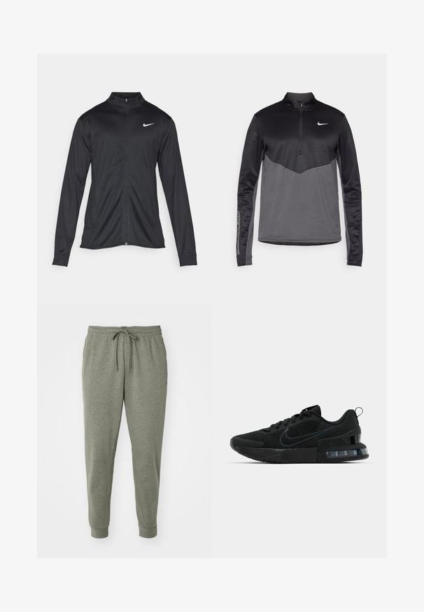 Zwarte sportjack met lange mouwen, kraag en volle rits. Voorzien van een subtiele Nike-logo in het wit op de bovenste linkerborst. Soepele textuur.; Zwart en grijs Nike lange mouwen half-zip pullover, met een gestructureerd lichaam, soepele mouwen en een logo op de borst.; Grijze joggerbroeken met een elastische tailleband en trekkoord, gemaakt van zachte stof. Heeft zijzakken en taps toelopende boorden.; Zwarte Nike sportschoen met een bovenwerk van mesh, rubberen zool, gepolsterde kraag en een opvallende transparante hakaccent.