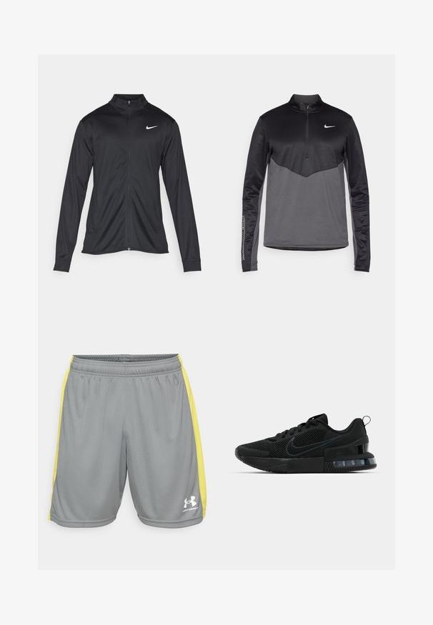Schwarze Sportjacke mit langen Ärmeln, Kragen und voller Reißverschluss. Verfügt über ein dezentes Nike-Logo in Weiß auf der oberen linken Brust. Glatte Textur.; Schwarzer und grauer Nike Langarm-Pullover mit Viertel-Reißverschluss, der einen strukturierten Körper, glatte Ärmel und ein Logo auf der Brust aufweist.; Graue Sportshorts mit gelben Seitenstreifen und einem elastischen Bund, an der unteren rechten Beinseite mit einem weißen Under Armour-Logo.; Schwarzer Nike Sportschuh mit einem Mesh-Obermaterial, gummierter Sohle, gepolstertem Kragen und einem auffälligen transparenten Fersenakzent.