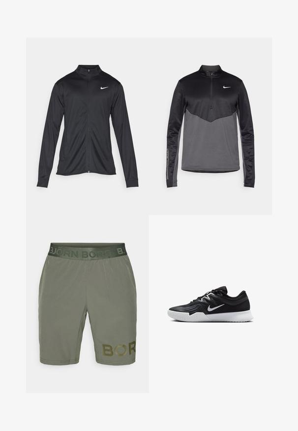 Must värvi sportlik jakk pikkade varrukatega, krae ja täispikk tõmblukk. Ülemises vasakus rinnas on diskreetne valge Nike logo. Sile tekstuur.; Must ja hall Nike pikka varrukaga neljanda lukuga pullover, millel on tekstureeritud keha, siledad varrukad ja logo rinnal.; Olivrohelised spordishortsid elastse vöökohtuga, millel on sissepressitud "BJÖRN BORG" tekst ning suur tugevdatud "BORG" logo küljel.; Must mustad jalanikesad rikaste ülaservaga, valge Nike swoosh'i ja valge kummist välispõhjaga. Omab paeltega sulgemisdetaili ja dünaamilist kuju.