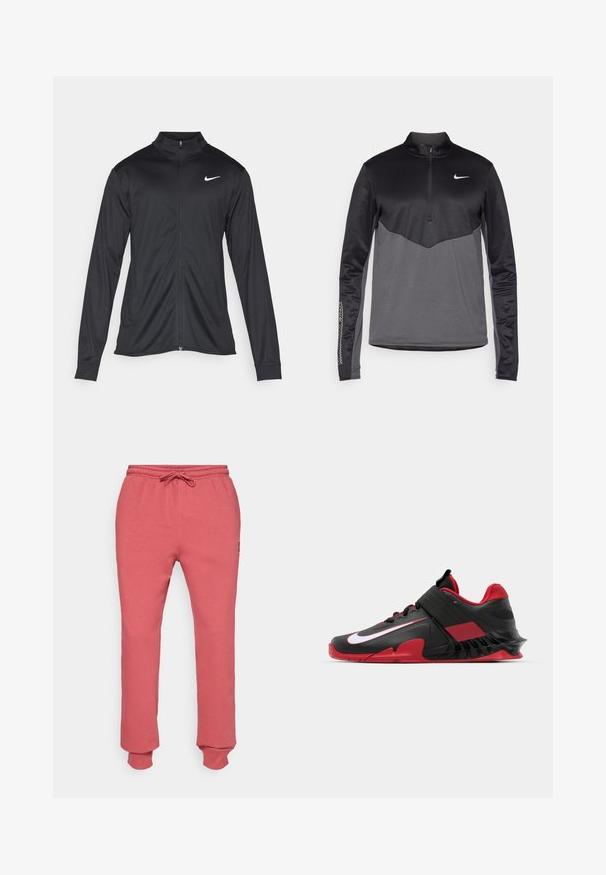 Juodas sportinis švarkas su ilgomis rankovėmis, apykakle ir pilnu užtrauktuku. Yra subtilus baltas Nike logotipas kairėje krūtinės pusėje. Lygus tekstūra.; Juodos ir pilkos Nike ilgomis rankovėmis ketvirčio užtrauktuku užtrauktukas, turintis tekstūruotą kūną, lygius rankovės ir logotipą ant krūtinės.; Šviesiai rausvos sportinės kelnės su elastiniu juosmeniu ir raišteliu, su siaurėjančiomis kojomis ir pūstomis apykaklėmis ties kulkšnimis.; Juodos ir raudonos sportinės kedai su elegantišku dizainu, tekstūruotu tinklo viršumi, tvirtu guminiais padu ir ryškiu baltu logotipo akcentu.