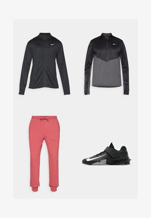 Black athletic jacket with long sleeves, collar, and full zipper. Features a subtle Nike logo in white on the upper left chest. Smooth texture.; Black and gray Nike long-sleeve quarter-zip pullover, featuring a textured body, smooth sleeves, and a logo on the chest.; Heathered pink sweatpants with an elastic waistband and drawstring, featuring tapered legs and ribbed cuffs at the ankles.; Black athletic shoes with a sleek design, featuring a prominent white Nike logo, textured overlays, and a distinctive molded sole.