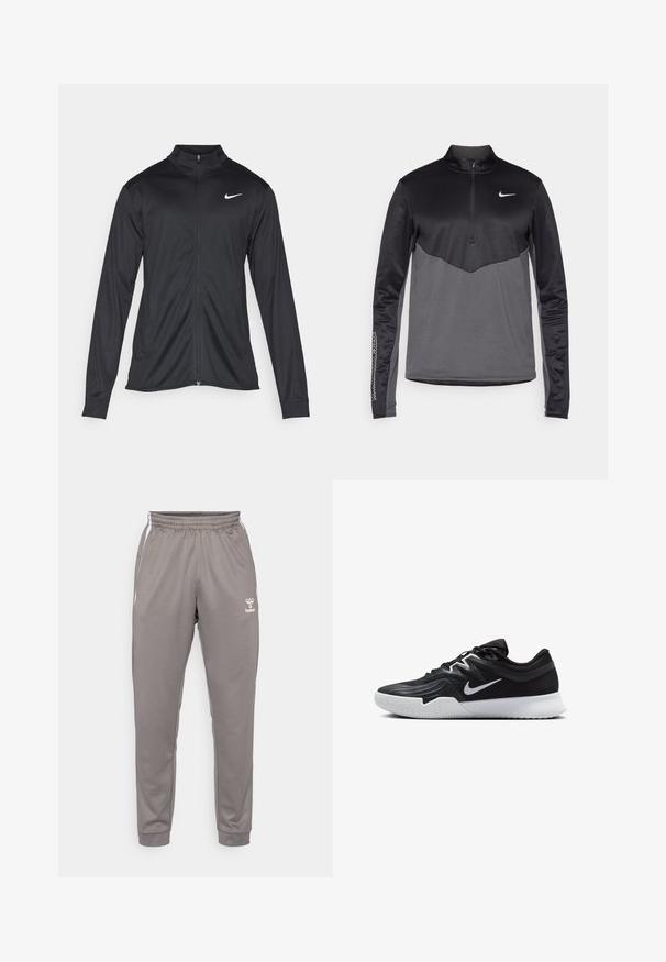 Czarna sportowa kurtka z długimi rękawami, kołnierzem i pełnym zamkiem. Posiada subtelne logo Nike w białym kolorze na lewej górnej części klatki piersiowej. Gładka tekstura.; Czarny i szary długi rękaw, rozpinany pulower Nike z ćwiartkowym zamkiem, z teksturowanym korpusem, gładkimi rękawami i logo na piersi.; Szare spodnie sportowe z elastycznym pasem, zwężanymi nogawkami i białymi akcentami po bokach. Posiadają małe logo marki na udzie. Gładka tekstura.; Czarne buty sportowe z teksturowaną cholewką, białym logo Nike i białą gumową podeszwą. Charakteryzują się sznurowanym zapięciem i dynamicznym kształtem.