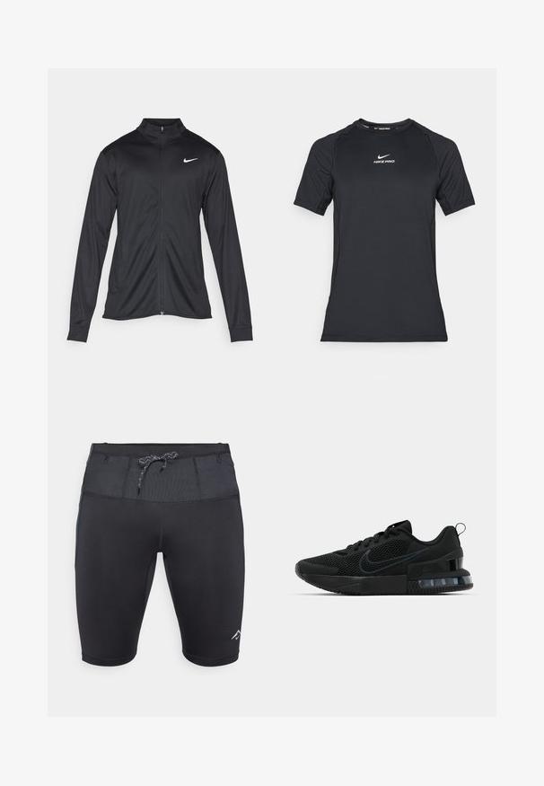 Must värvi sportlik jakk pikkade varrukatega, krae ja täispikk tõmblukk. Ülemises vasakus rinnas on diskreetne valge Nike logo. Sile tekstuur.; Must muster Nike Pro spordirõivas lühikeste varrukatega musta värvi, millel on valge Nike logo keskel rinnal.; Mustad mustrekid, millel on istuv disain, tekstureeritud vöökoht, reguleeritav pael ja diskreetne logo alumisel jalal.; Mustad Nike tossud, millel on võrgust ülemine osa, tekstureeritud talla ja nähtav õhuüksus kandiosas. Detailid ja logo tumedamates musta varjundites.