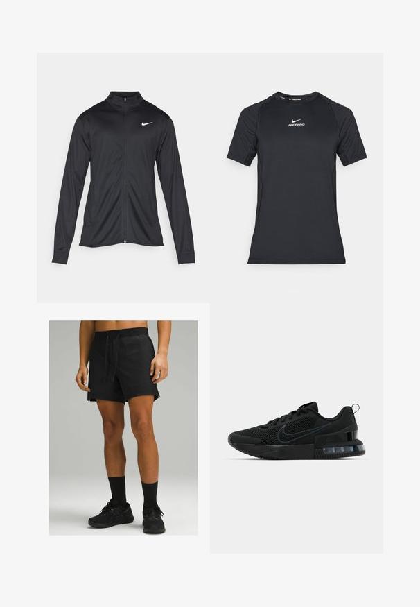 Must värvi sportlik jakk pikkade varrukatega, krae ja täispikk tõmblukk. Ülemises vasakus rinnas on diskreetne valge Nike logo. Sile tekstuur.; Must muster Nike Pro spordirõivas lühikeste varrukatega musta värvi, millel on valge Nike logo keskel rinnal.; Mustad mustad spordijõhvikad elastse vöökoha ja nööridega, külgedel lõhikute ja sileda tekstuuriga, koos mustade sokkide ja kingadega.; Must must Ameerika must must must must must must must