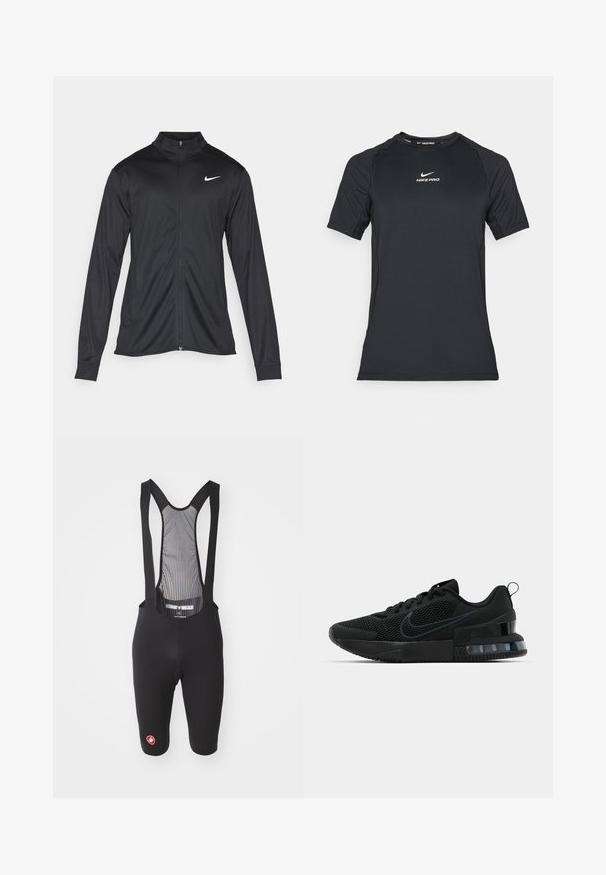 Juodas sportinis švarkas su ilgomis rankovėmis, apykakle ir pilnu užtrauktuku. Yra subtilus baltas Nike logotipas kairėje krūtinės pusėje. Lygus tekstūra.; Juodas trumpomis rankovėmis Nike Pro sportinis kompresinis marškinėlis su baltu Nike logotipu, esančiu centre krūtinės.; Juodos dviračių šortai su reguliuojamomis petnešomis ir tinkleliu nugarai. Yra logotipas ant apatinių kojų ir paminkštinta sėdynė patogumui.; Juodas Nike sportinis batas su tinklo viršumi, guminėmis padais, paminkštintu apykakle ir išskirtiniu skaidriu kulno akcentu.